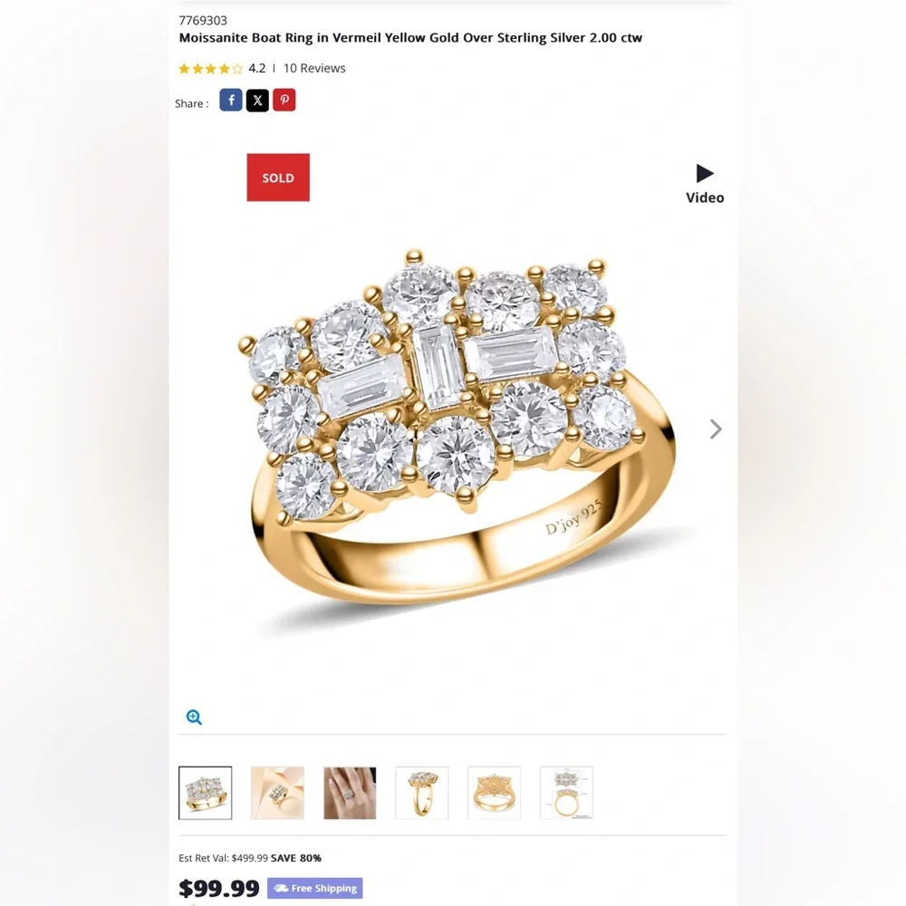 Moissanite Boat Ring in Vermeil Yellow Gold Over Sterling Silver